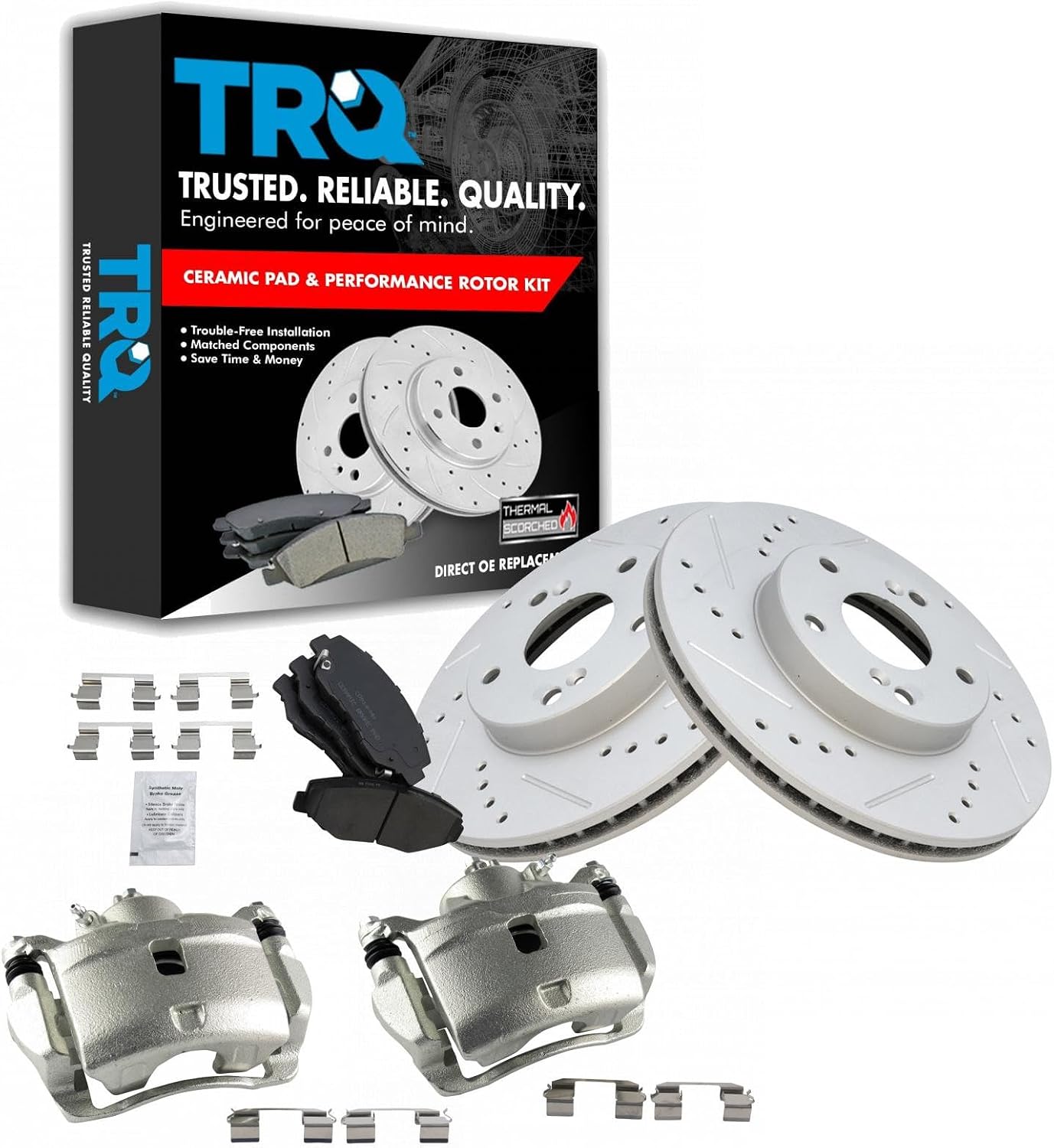 TRQ Performance Front Brake Pad and Rotor Set Ceramic Vented Coated Rotors Calipers Compatible with 2003-2011 Honda Element