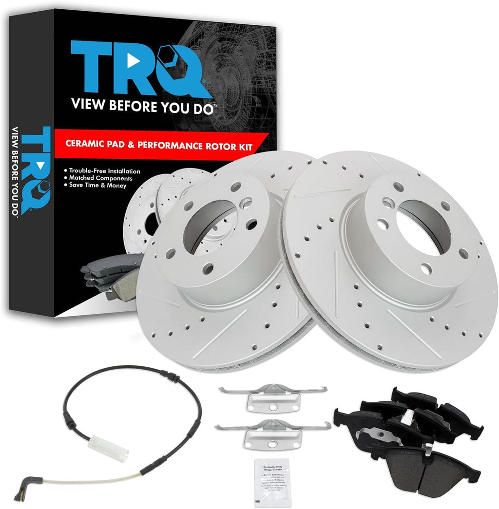 TRQ Performance Front Brake Pad and Rotor Set Ceramic Coated Drilled Slotted Wear Sensor Compatible with 2010 BMW 328i 2010 328i xDrive