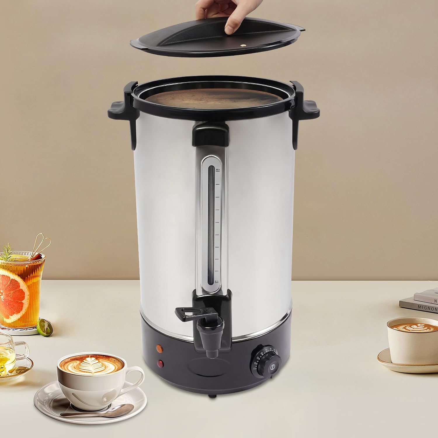 Electric Coffee Urn, 16.5L/4.35Gal Stainless Steel Hot Coffee Dispenser with Water Level Gauge and Temp Control, 82 Cups of 6.76 OZ Large Capacity(Black)