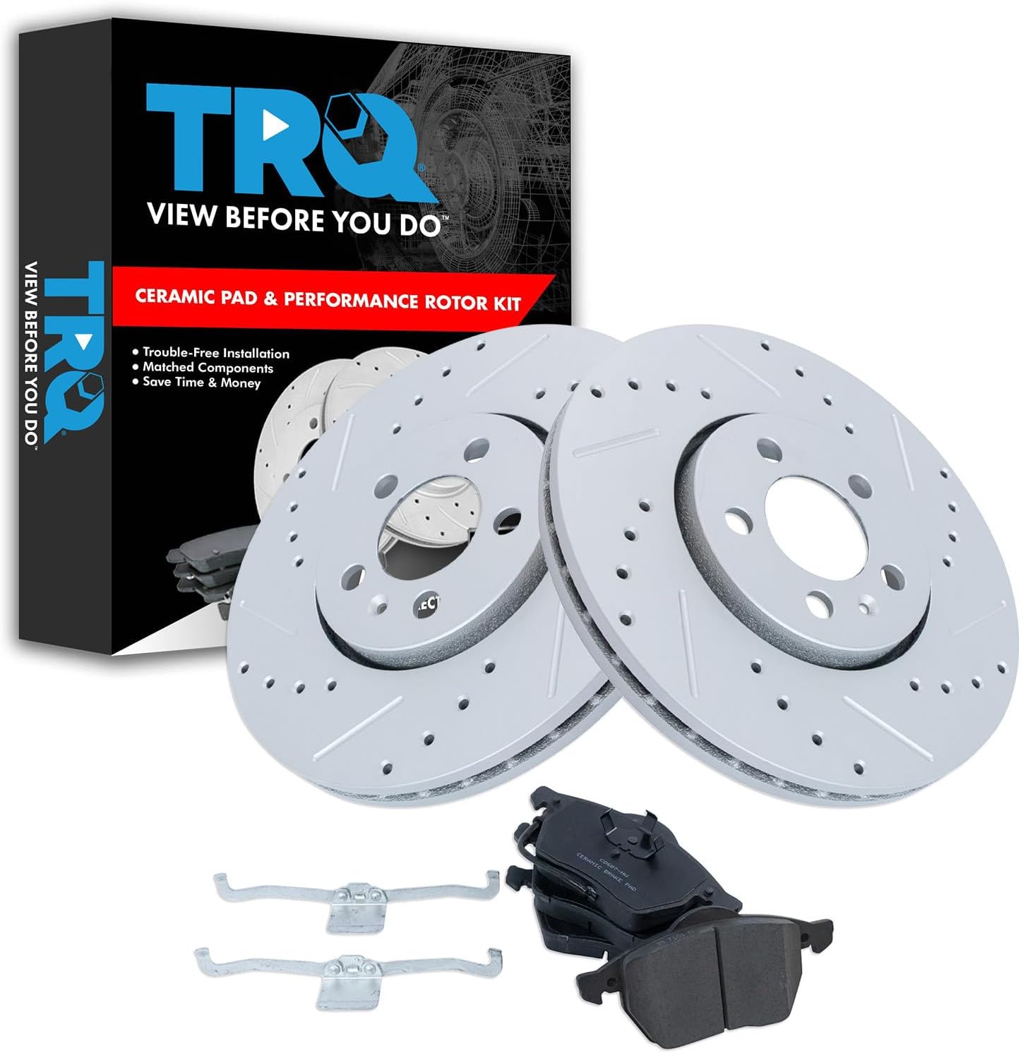 TRQ Performance Front Brake Pad and Rotor Set Ceramic Coated Drilled Slotted Rotors Compatible with 1999-2010 Volkswagen Beetle 1999-2006 Golf 1999-2005 Jetta