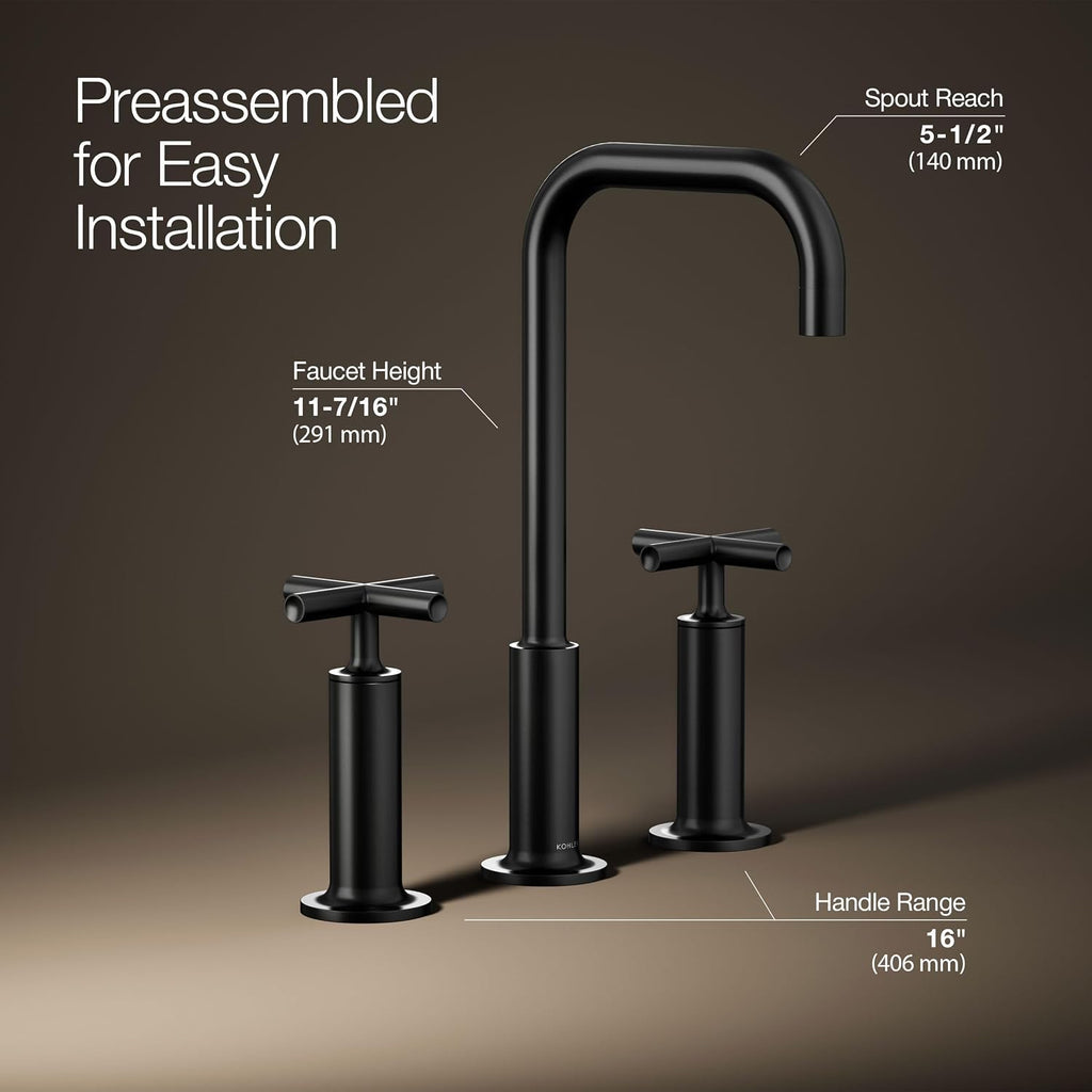 KOHLER K-14408-3-BL Purist® Widespread Bathroom Sink Faucet, 3-Hole, Widespread High Cross Handles and High Gooseneck Spout, 1.2 GPM, Matte Black