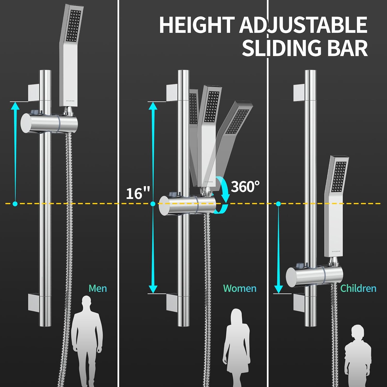 SR SUN RISE 10 Inch Square Shower Faucet, Adjustable 16-Inch Slide Bar Hand Held Shower with Hose, Square Rain Shower Head and Handheld Spray Included Valve and Shower Trim Kit, Polished Chrome