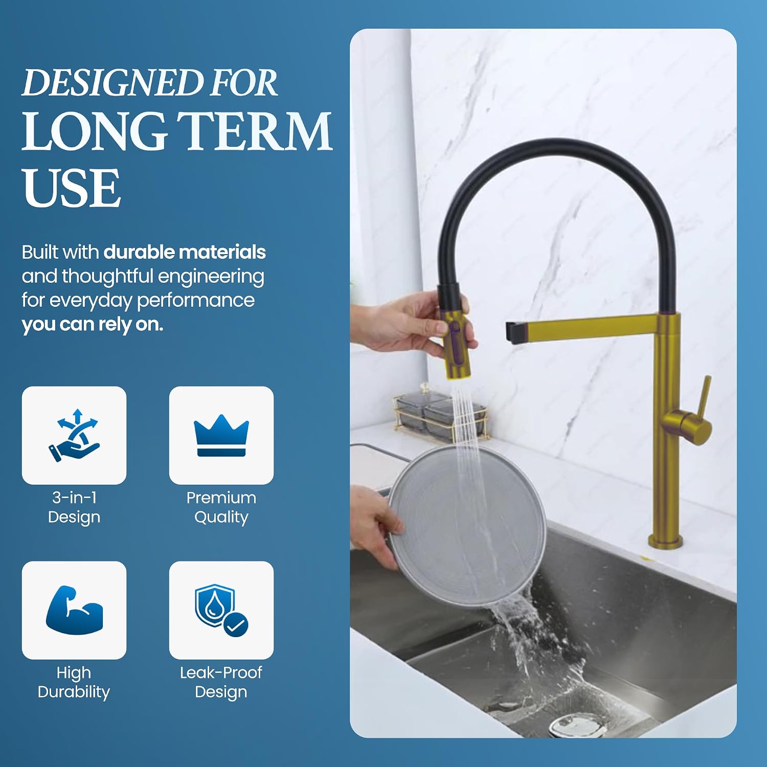 STiLWERK 3-in-1 Kitchen Sink Faucet with Pull-Out Sprayer, 3 Way Hot, Cold & Drinking Water Mixer, Magnetic Docking, Stainless Steel, Champagne Gold Finish