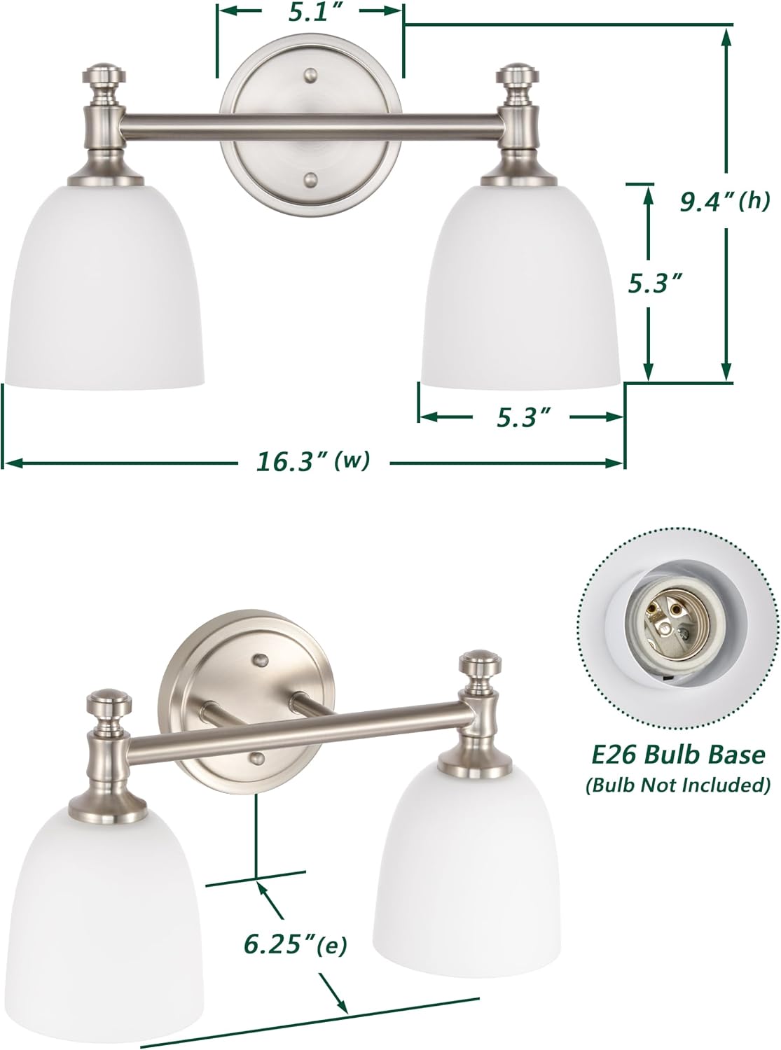 Bathroom Light Fixtures, Brushed Nickel 2-Light Bathroom Vanity Light Fixtures Over Mirror, Vintage Vanity Lights for Bathroom Living Room, Milk White Glass Shades , Standard E26 Base, Brushed Nickel