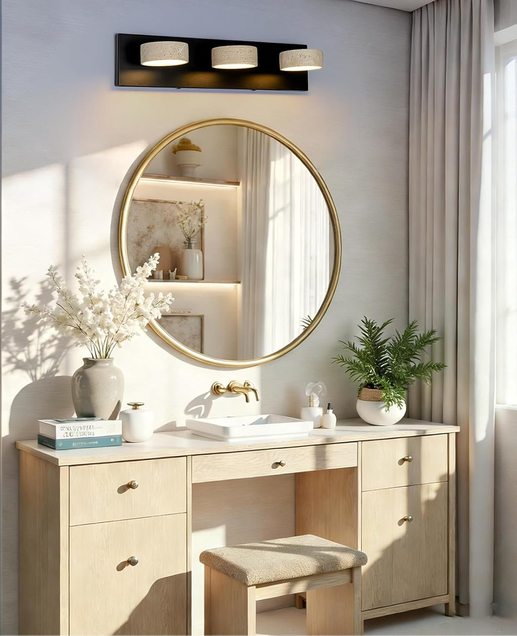 Travertine Vanity Light, 19.7 Inch Wabi Sabi Vanity Lights Fixture with 360° Rotatable Natural Stone Lampshade and Black Metal Base Nordic Style Farmhouse Vanity Lights for Bathroom (3 Lights)