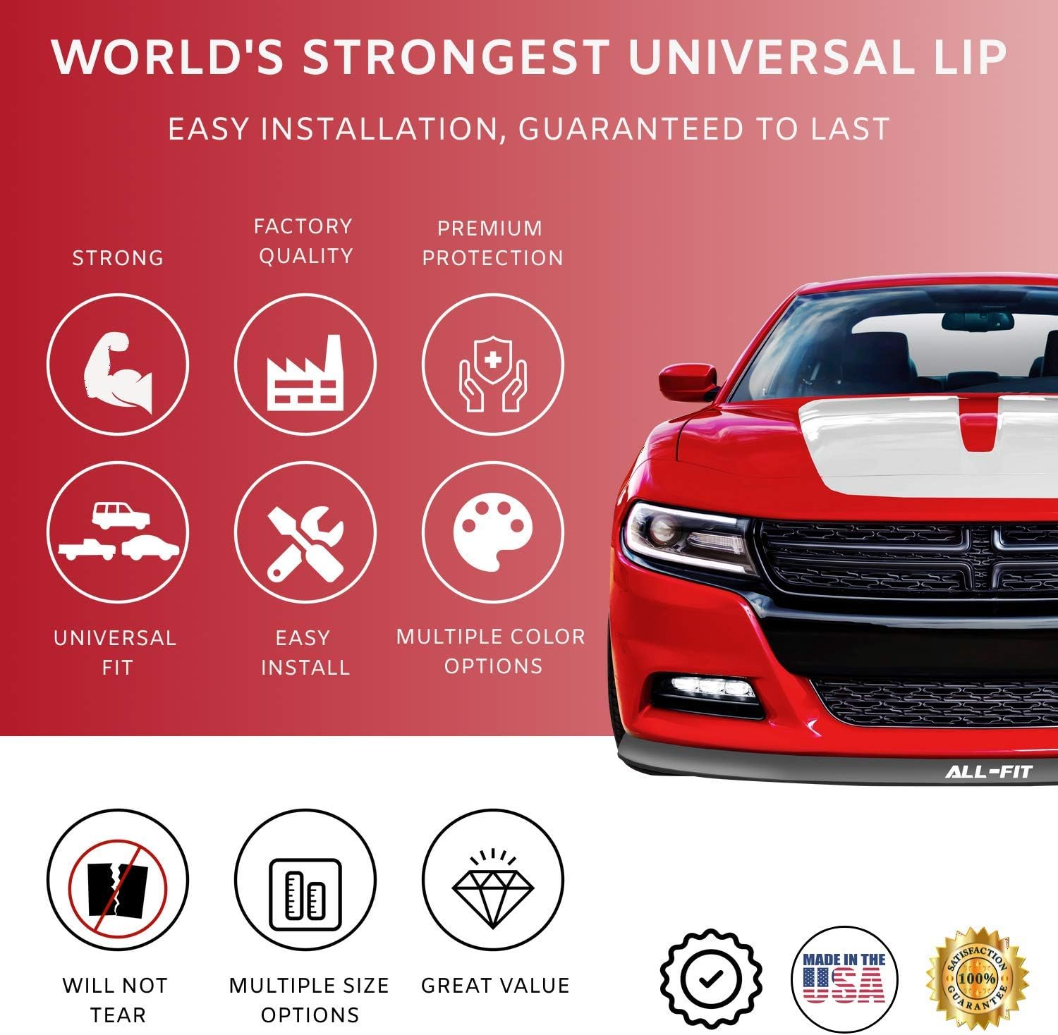 All-Fit Automotive Lip Kit – Universal Fit for Style & Protection – Durable, Flexible Material for Bumpers and/or Side Skirts – Easy-to-Install Automotive Exterior Accessories (2.5' W x 9' L, Black)