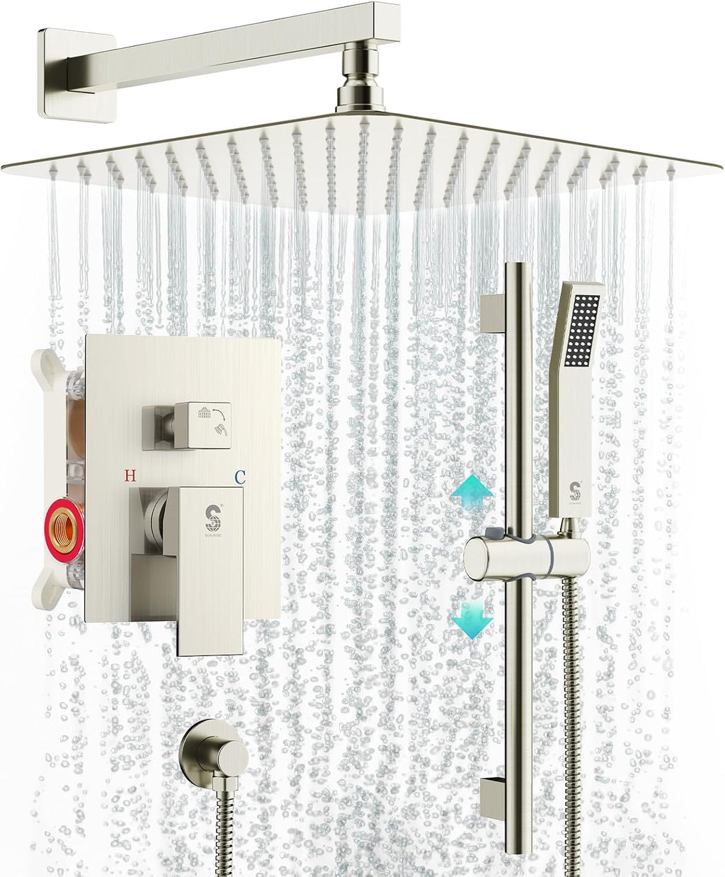 SR SUN RISE Shower System with 10' Rain Showerhead, Square Handheld Showerwith 16-Inch Slide Bar and 71-Inch Hose, Wall Mounted Shower Faucet Set Included Valve and Trim Kit, Brushed Nickel