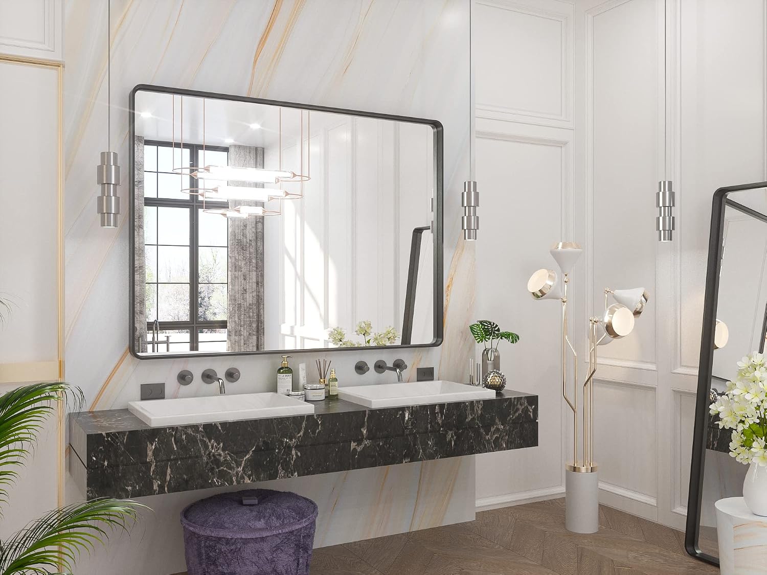 TETOTE 48 x 36 Inch Mirrors for Bathroom, Matte Black Framed Rectangular Large Modern Farmhouse Vanity Mirror for Wall Decor (Horizontal/Vertical)