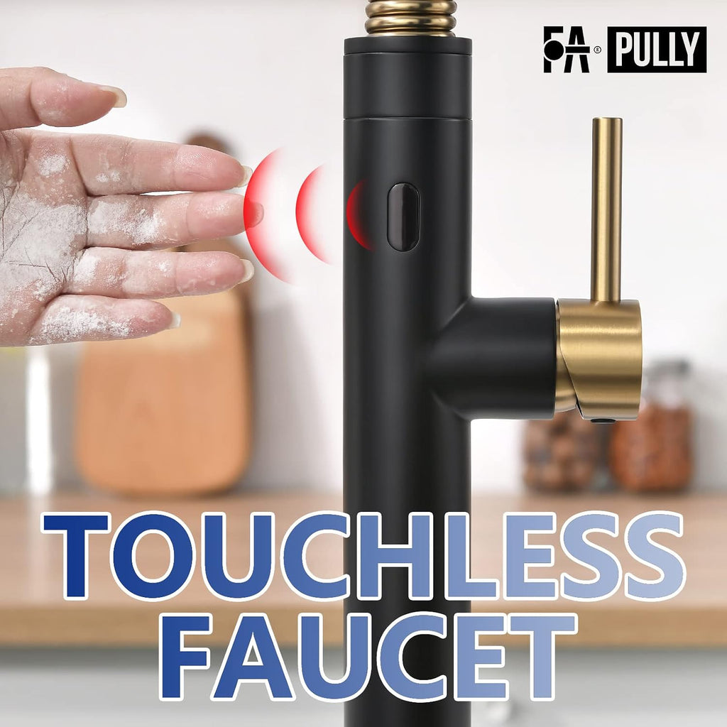 Fapully Touchless Kitchen Faucet with Pull Down Sprayer,Black and Gold Sensor Commercial Pull-Down Single Handle Kitchen Sink Faucet