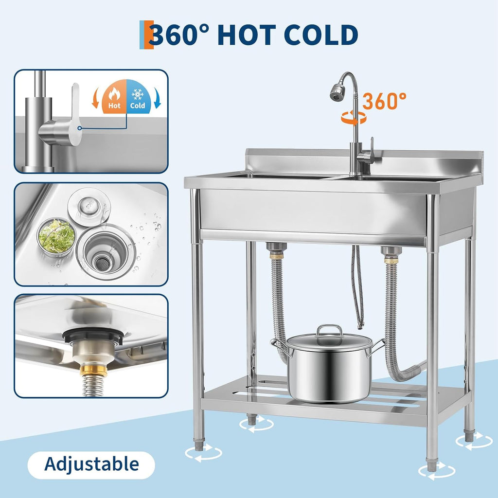 Garvee 2 Compartment Stainless Steel Commercial Sink, Double Bowl Utility Sink with 360° Swivel Faucet, Storage Shelf & Adjustable Feet, Freestanding Prep Sink for Restaurant, Garage, Workshop, Outdoo