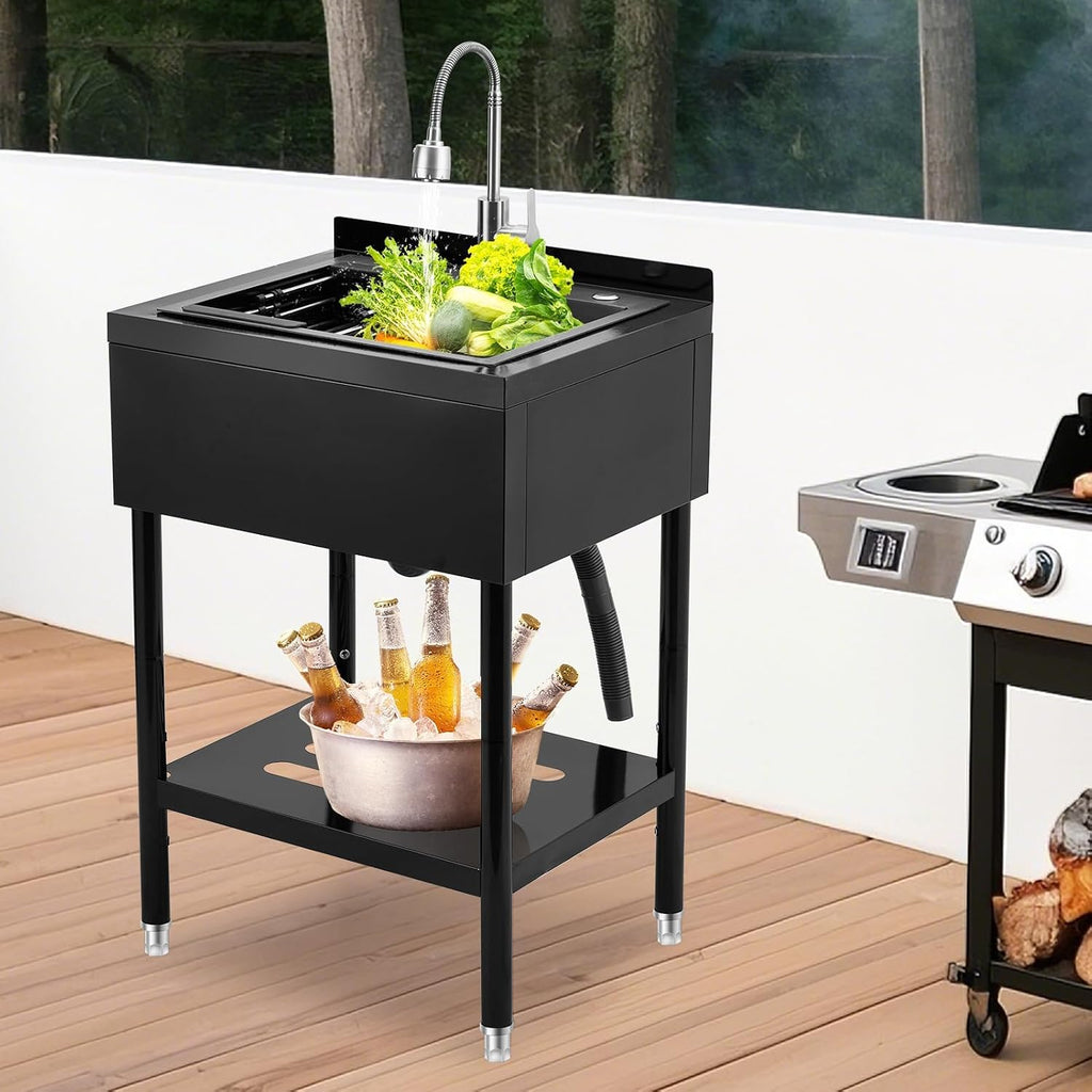 Garvee Stainless Steel Utility Sink with Faucet & Storage Shelf, 304 Single Bowl Freestanding Sink with Adjustable Legs, S-Hooks, Hot & Cold Water Pipes for Kitchen, Laundry, Garage, Farm, Outdoor Use