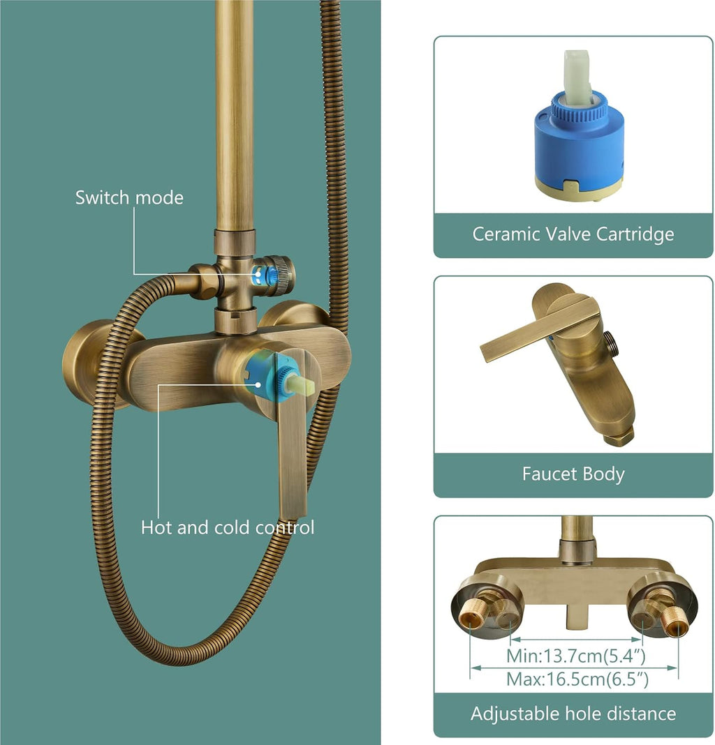 Heyalan Antique Brass Exposed Pipe Shower System 8 Inch Rainfall Shower Head Fixture Combo Set Single Handle with Handheld Sprayer Bathroom Shower Faucet Adjustable Showerhead Bar with Shower Shelf