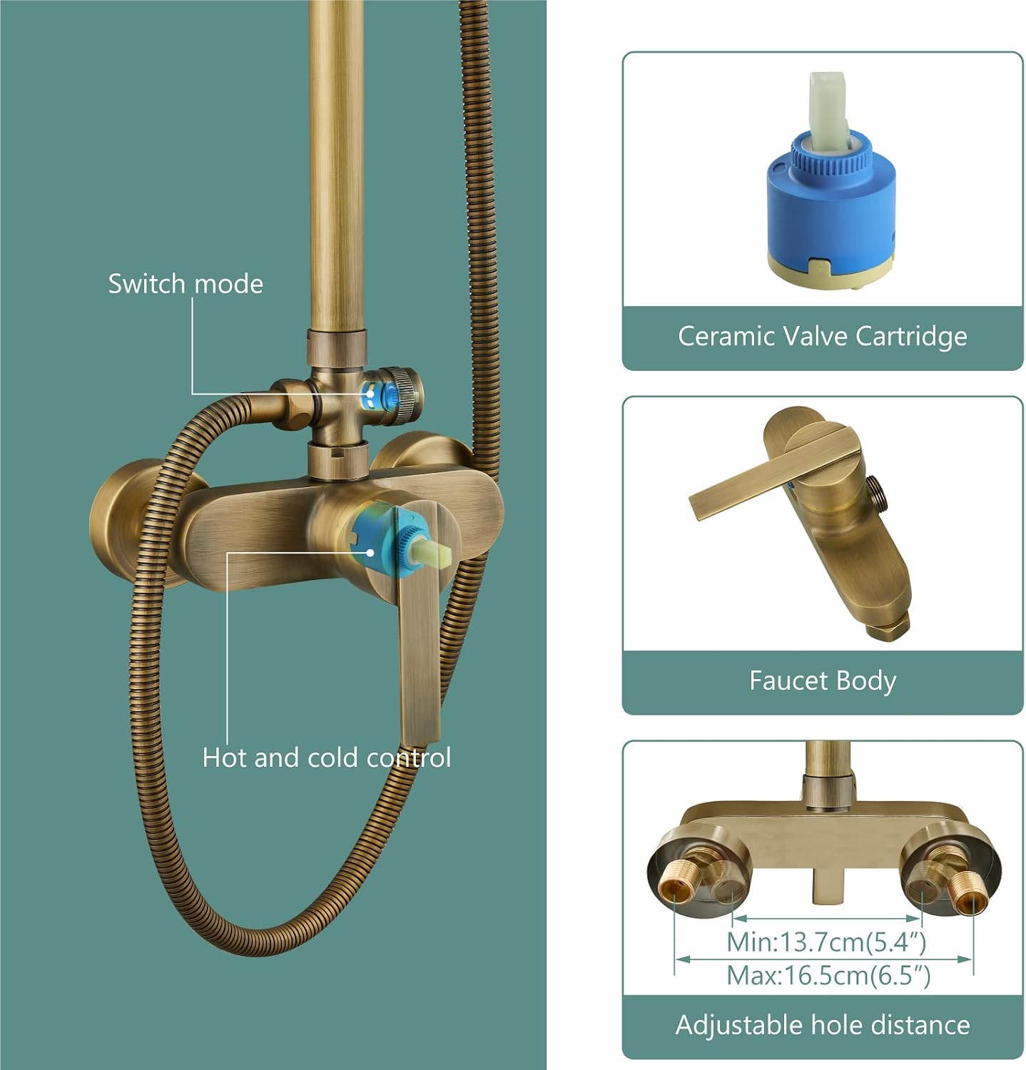 Heyalan Antique Brass Exposed Pipe Shower System 8 Inch Rainfall Shower Head Fixture Combo Set Single Handle with Handheld Sprayer Bathroom Shower Faucet Adjustable Showerhead Bar with Shower Shelf