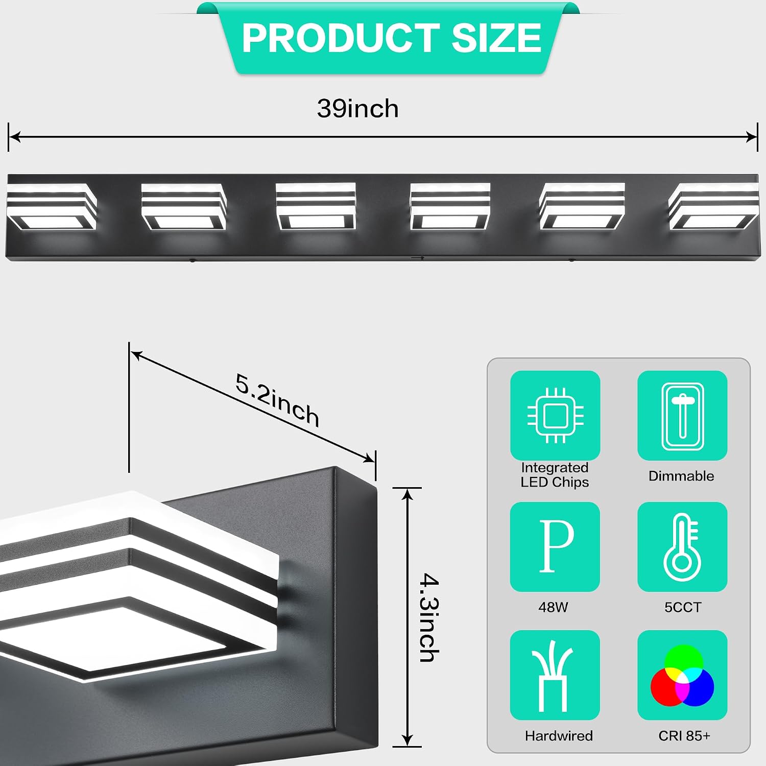 SOLFART Modern Black Vanity Lights Fixtures: 6 Lights Acrylic LED Matte Black Vanity Lights for Bathroom 39inch 5CCT