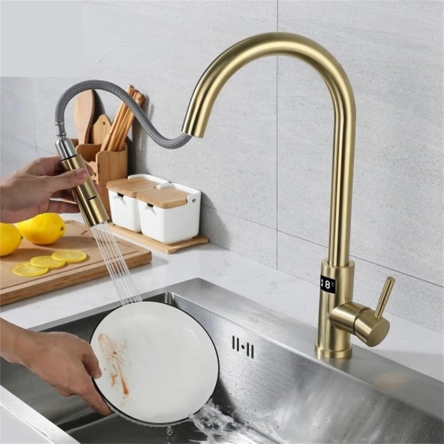 Kitchen Faucet Tap Hot Cold Water Digital Temperature Display Faucet 304 Stainless Steel Pull Down Taps(Black)