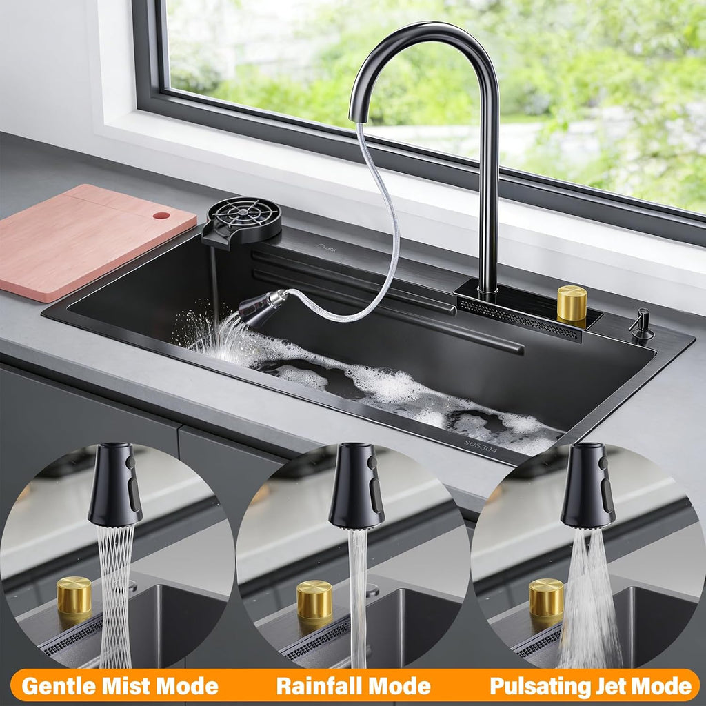 33x17.7' Drop In Kitchen Sink with Faucet, 10' Basin Depth Undermount Kitchen Sinks, Stainless Steel Sink with Cup Washer, Drain Strainer, Cutting Board, Colander, Storage Basket & Roll-up Rack
