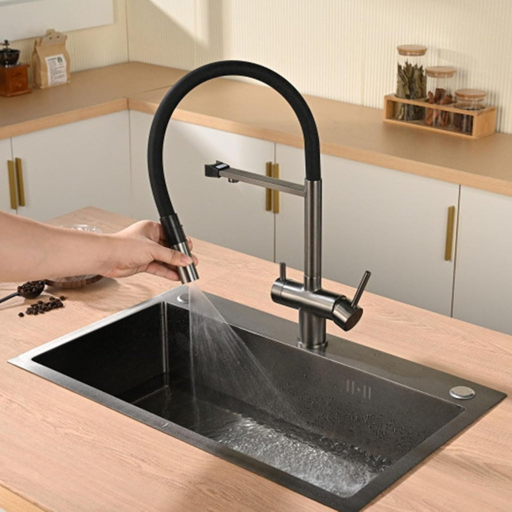 Flexible Faucet for Kitchen Sink 360° Rotation 3-in-1 Kitchen Faucet with Drinking Water Spout Single Hole,Chrome Plated