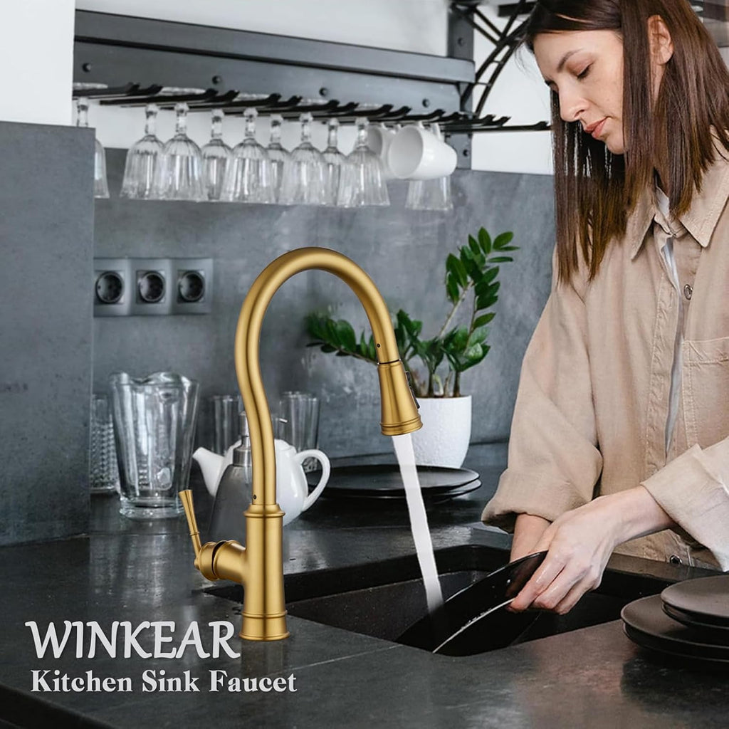 Kitchen Faucet with Pull Down Sprayer, Gold Vintage Brass Kitchen Sink Faucet High Arc Single Handle with Deck Plate 1 or 3 Hole, Ideal for Laundry Farmhouse Outdoor RV