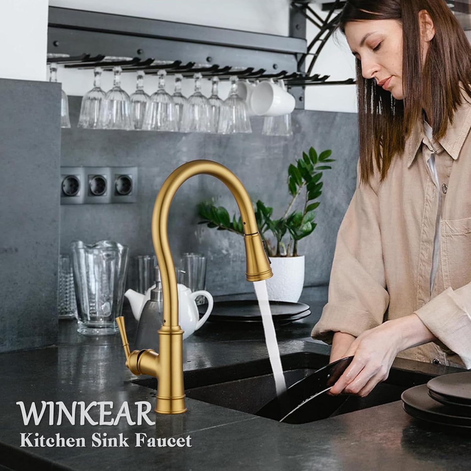 Kitchen Faucet with Pull Down Sprayer, Gold Vintage Brass Kitchen Sink Faucet High Arc Single Handle with Deck Plate 1 or 3 Hole, Ideal for Laundry Farmhouse Outdoor RV