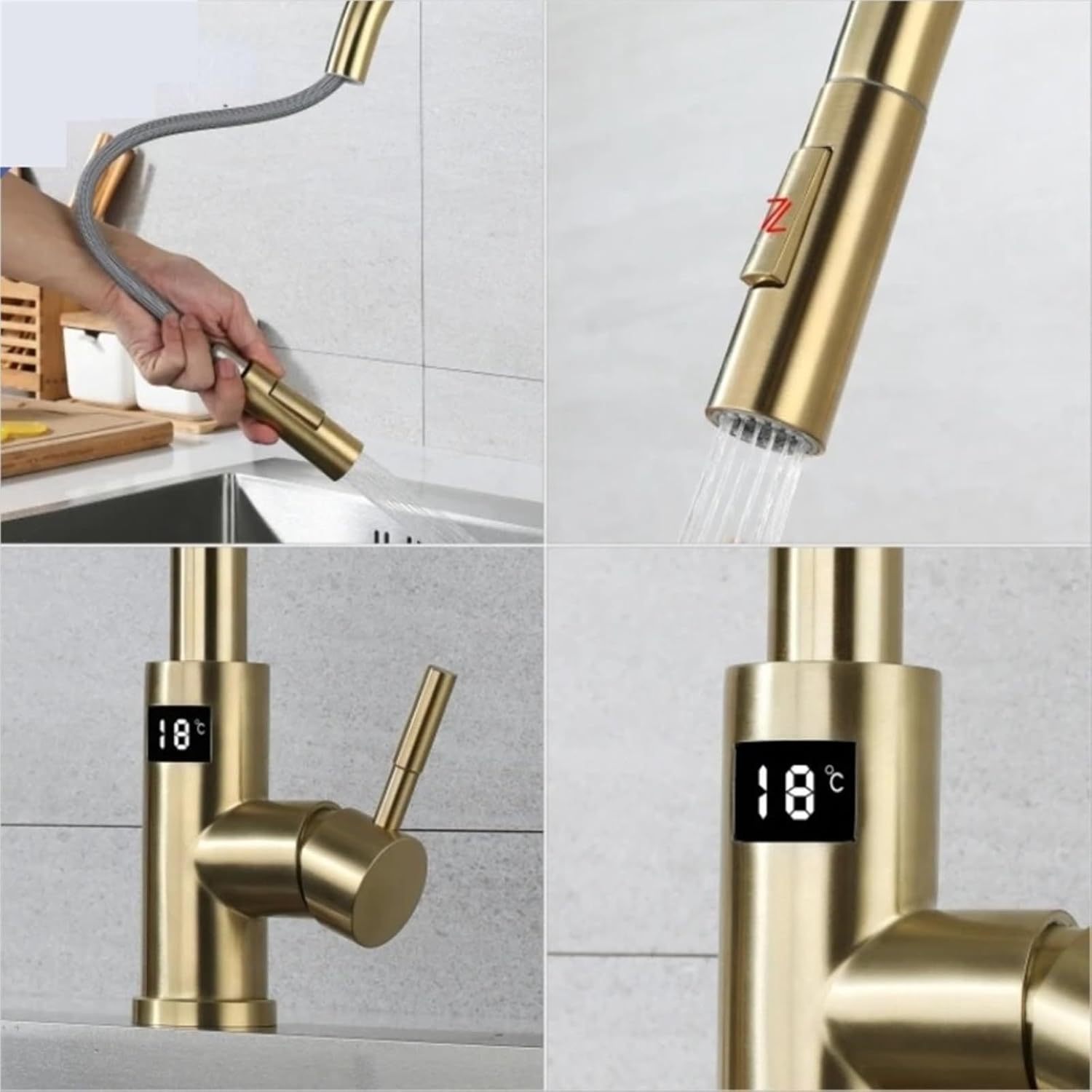 Kitchen Faucet Tap Hot Cold Water Digital Temperature Display Faucet 304 Stainless Steel Pull Down Taps(Gold)