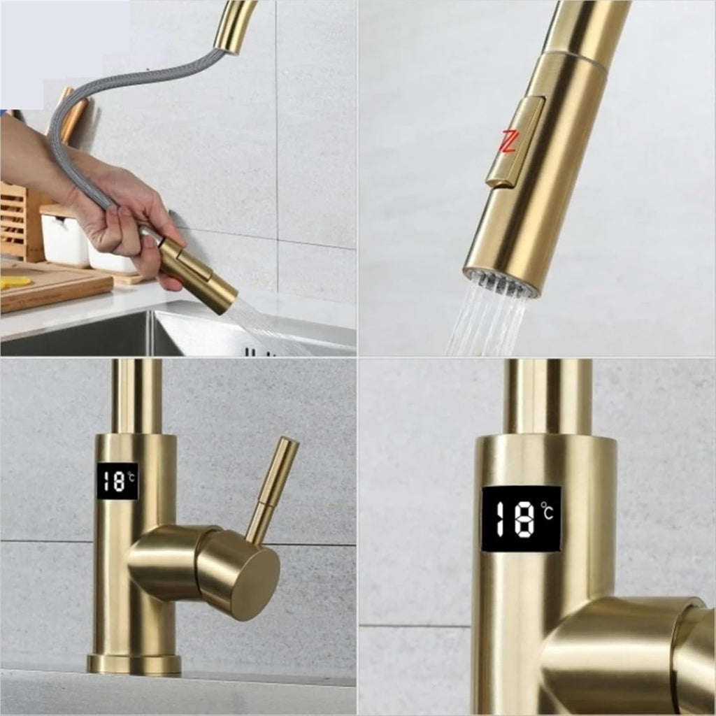 Kitchen Faucet Tap Hot Cold Water Digital Temperature Display Faucet 304 Stainless Steel Pull Down Taps(Brushed)