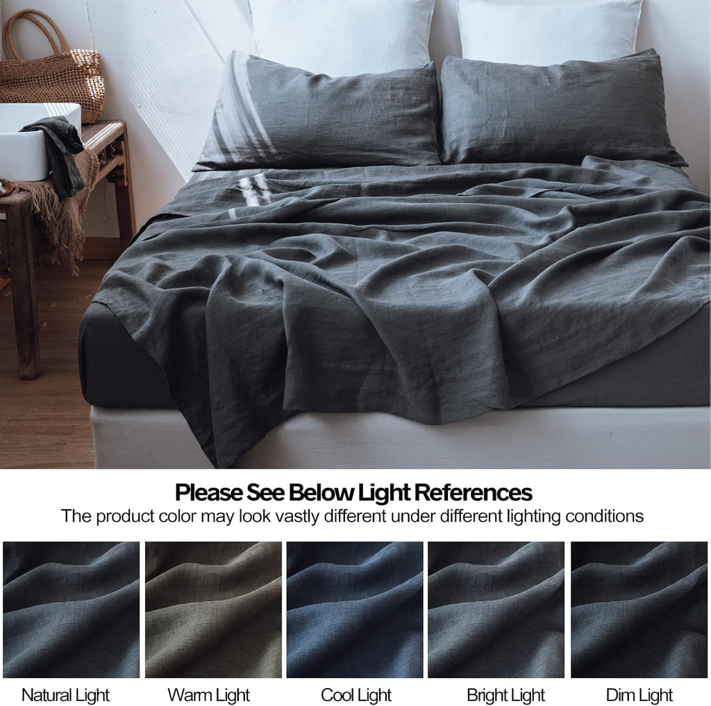 Simple&Opulence 100% Linen Sheet Set 3pcs Basic Style, Deep Pocket, Natural French Washed Flax Solid Color Soft Breathable Bed Sheets - Dark Grey, Twin
