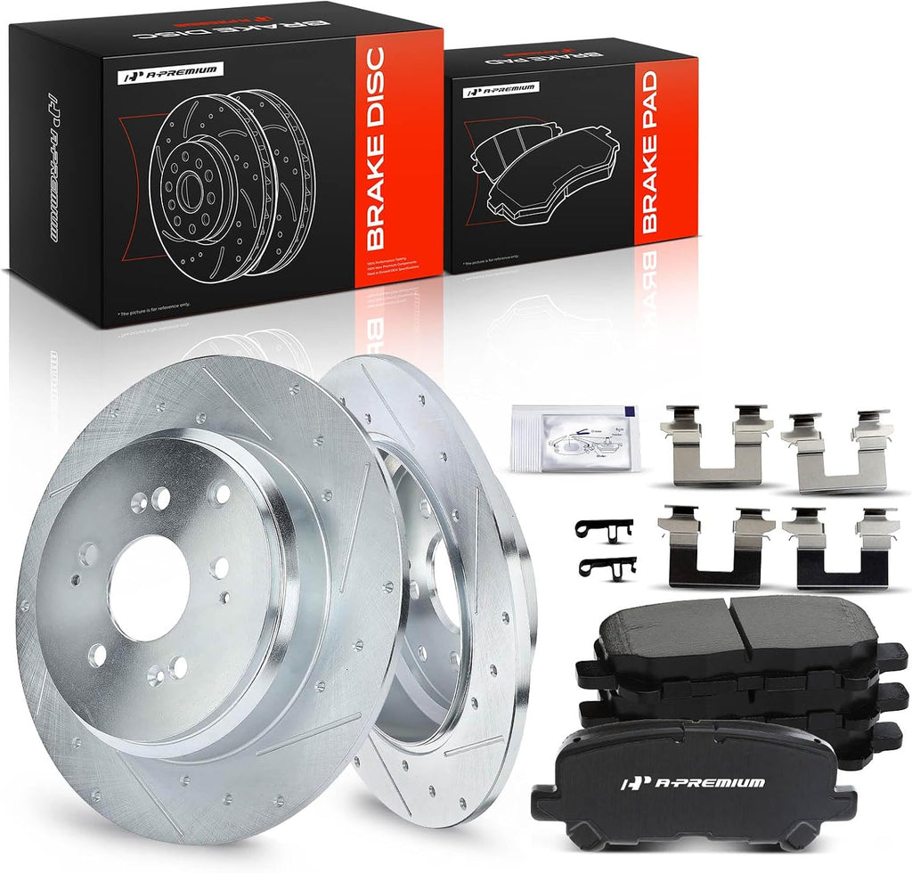 A-Premium 13.15 inch (334mm) Rear Drilled and Passenger Disc Brake Rotors + Ceramic Pads Kit Compatible with Select Acura and Honda Models - MDX 2007-2013, ZDX 2010-2013, Odyssey, Pilot, 6-PC Set