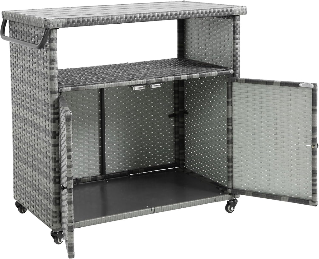 Outdoor Wicker Bar Cart with Wheels, Outdoor Rolling Kitchen Island Grill Cart with Storage Cabinet, Outside Portable Bar Table for Events, Patio, Porch, Backyard, Garden, Poolside, Aqua Grey