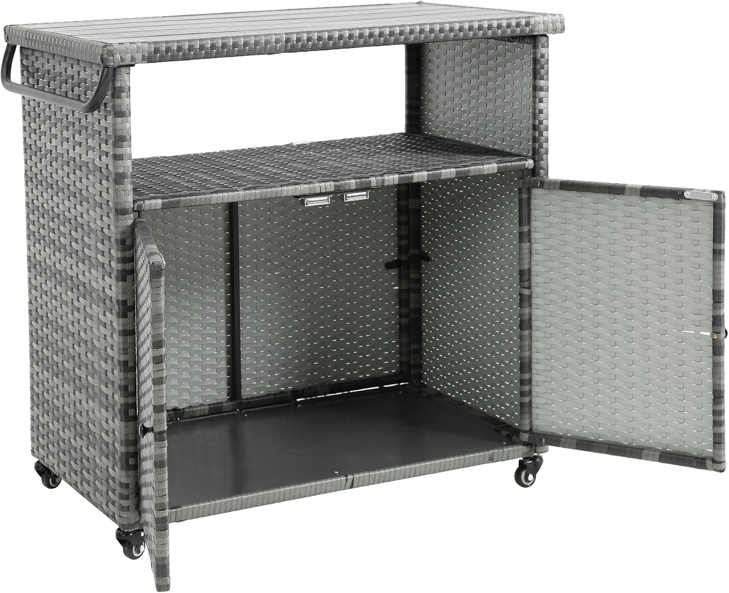 Outdoor Wicker Bar Cart with Wheels, Outdoor Rolling Kitchen Island Grill Cart with Storage Cabinet, Outside Portable Bar Table for Events, Patio, Porch, Backyard, Garden, Poolside, Aqua Grey