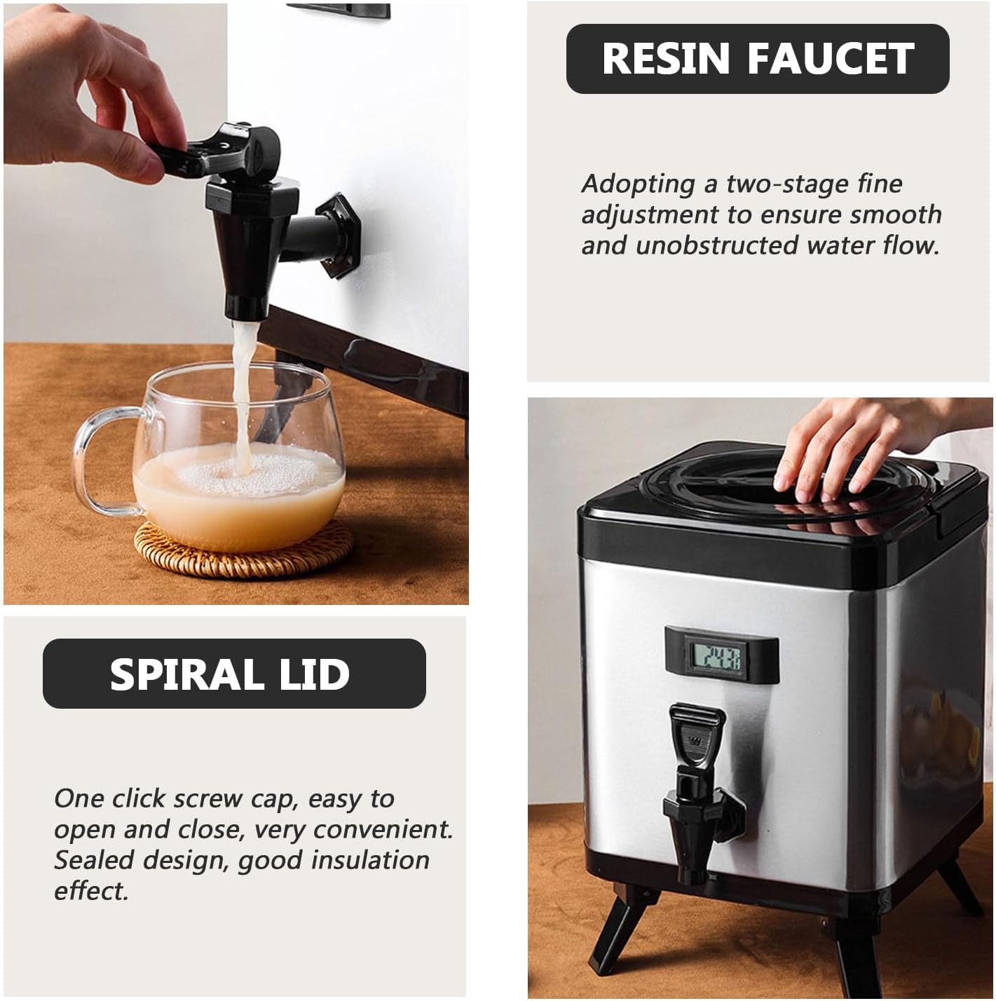 Insulated Beverage Dispenser Stainless Steel Insulated Beverage Dispenser with Faucet Hot Drink Dispense WithTemperature Display for Tea Coffee Milk(Size:8L,Color:Black)