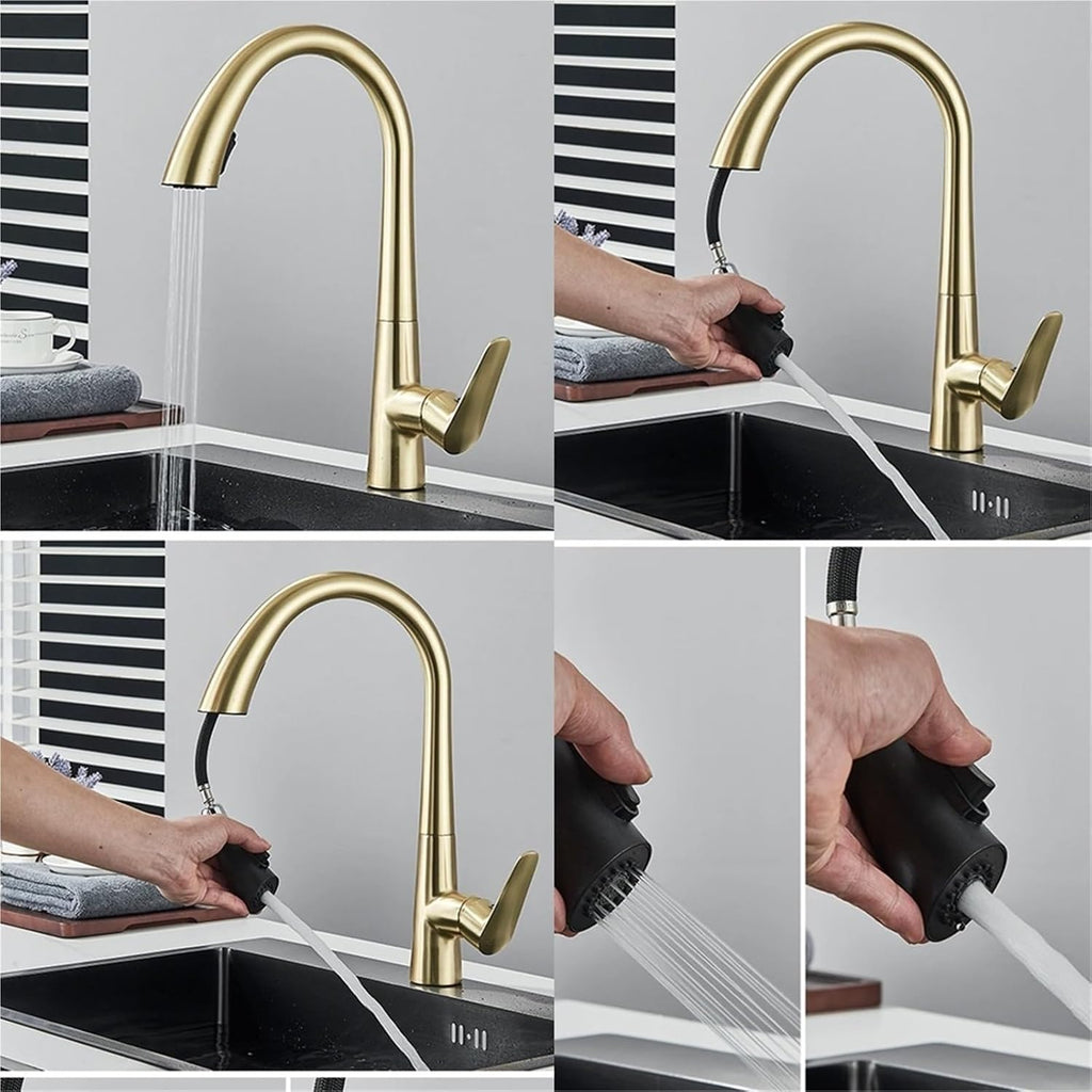 Kitchen Faucet Single Handle Pull Out Mixer Hot and Cold Water Taps Deck Mounted 360 Rotation Mixer Tap(Brushed Gold)