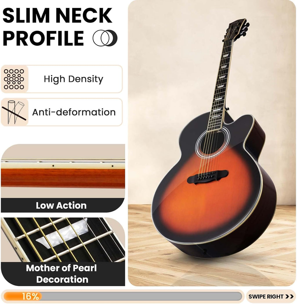 Fesley Jumbo Cutaway Acoustic Guitar: 42' Full Size Acoustic Guitar Kit, Mahogany Wood Guitar for Beginner Adult, Acustica Guitarra with Gig Bag, Picks, Strings, Capo, Strap, Pickguard, FJ90 Sunburst