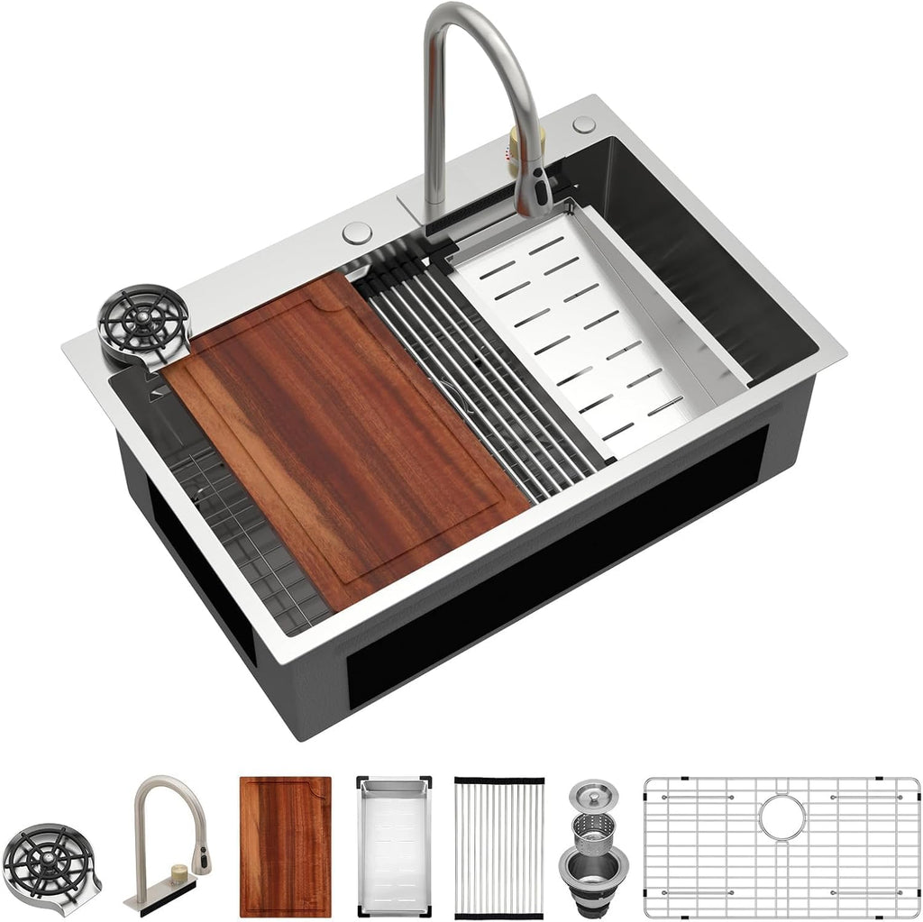 Logmey Waterfall Sink 33x19 Drop in Kitchen Sink with Pull-out Faucet,Multifunctional All in One Workstation Sinks,16 Gauge Stainless Steel,Double Step,5 Hole,Ideal for Luxury & Minimalist Style