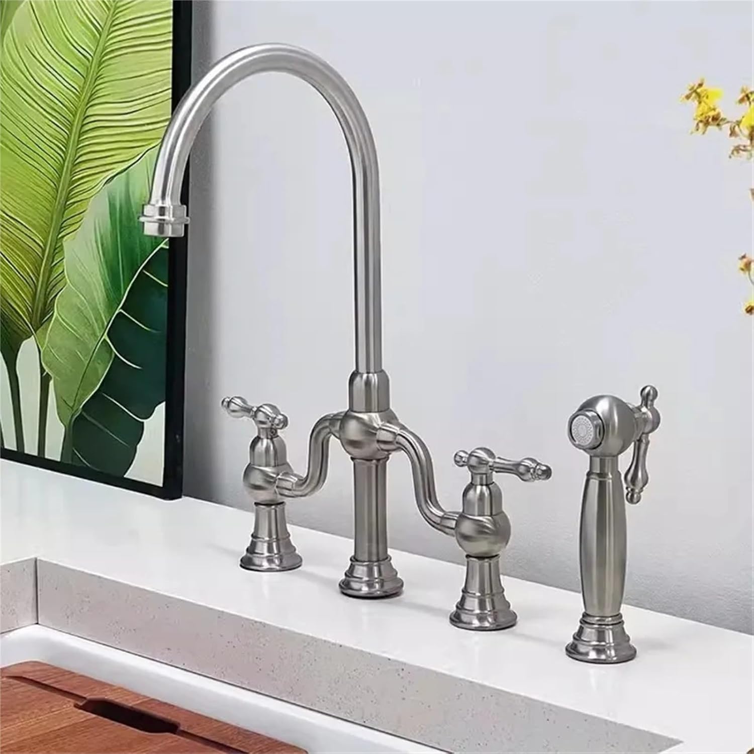 Pull Out Kitchen Faucet Classic Deck Mounted Hot Cold Sink Tap Rotation Spout Faucet(Brushed Nickel)