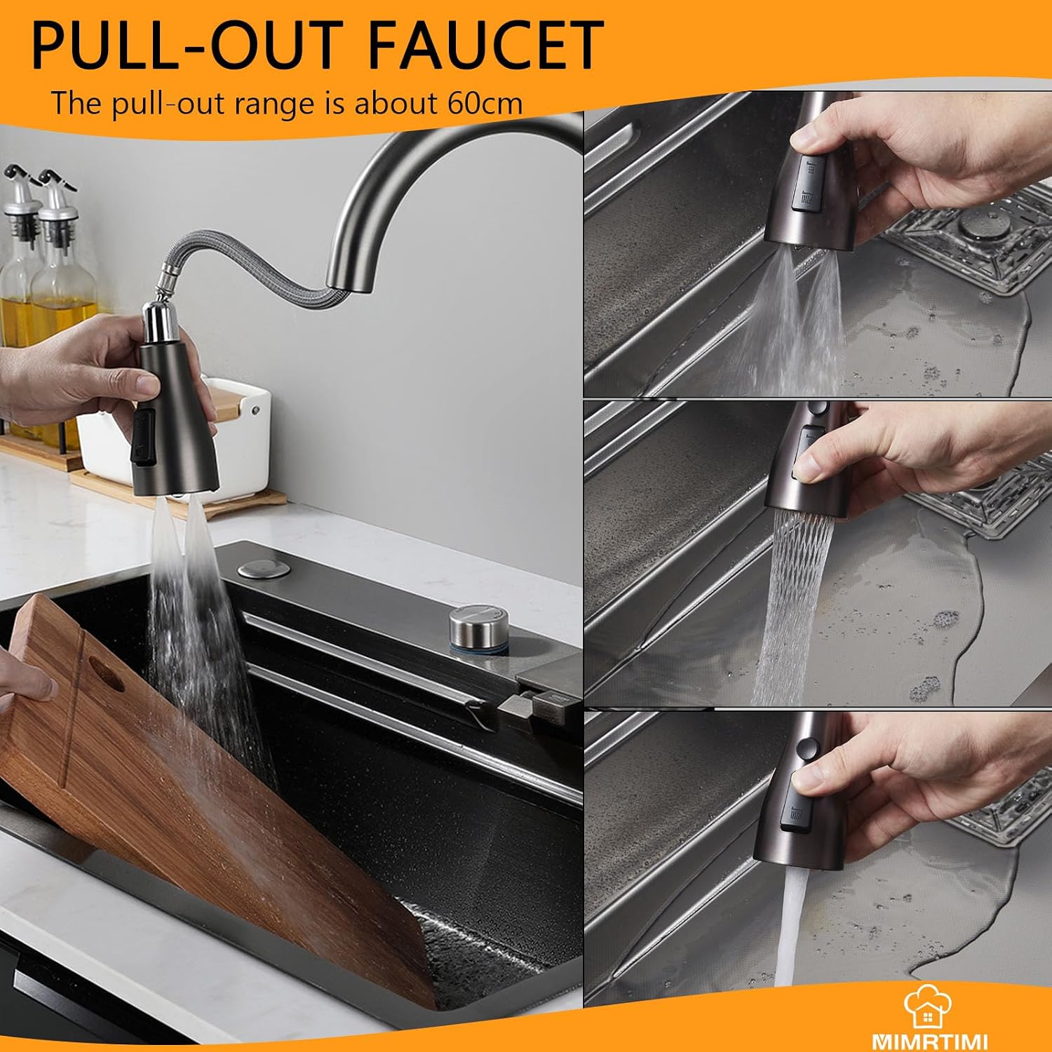 Waterfall kitchen sink 34X20' black Undermount Kitchen Sink with Pull-Out Faucet Stainless Steel Drop In Kitchen Sink Single Bowl with Accessories