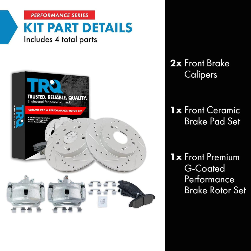 TRQ Performance Front Brake Pad and Rotor Set Ceramic Vented G Coated Rotors Calipers Compatible with 2006-2011 Honda Civic