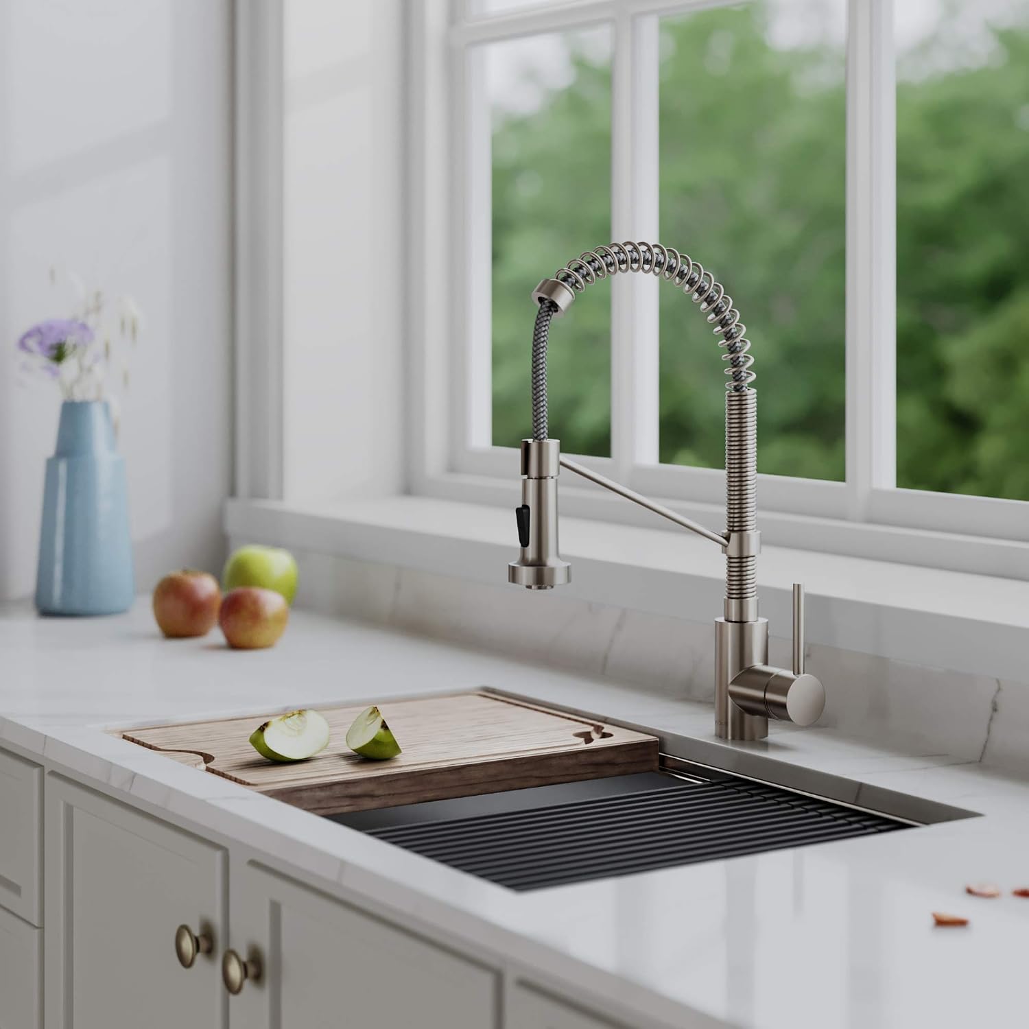 KRAUS Bolden 18-Inch Single Handle Spot Free Stainless Steel Commercial Style Pull-Down Kitchen Faucet with Soap Dispenser, KPF-1610SFS-KSD-43SFS