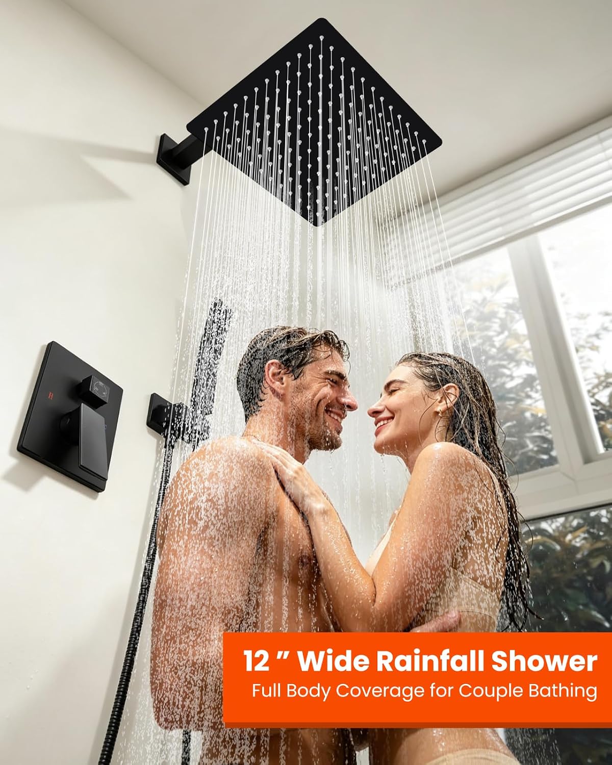 gotonovo Shower System with Tub Spout,Waterfall Tub Shower Faucet Set for Bathroom Head and Handle Set Wall Mounted 3 Function Rough-in Valve and Trim Included 12 inch Shower Head Matte Black