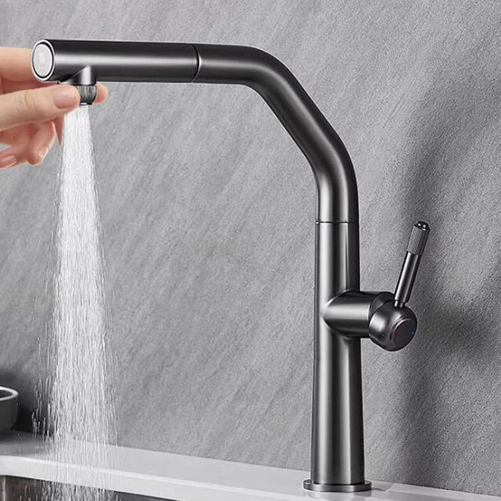 3 Way Pull Out Kitchen Faucet Brass 360° Swivel Single Handle 3 Way Filter Faucet for Kitchen Sink-Grey