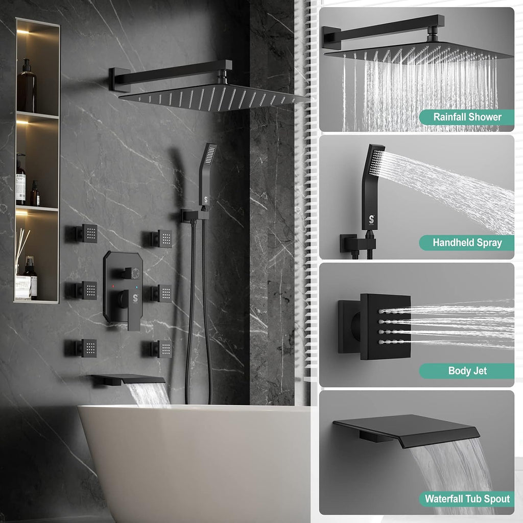 Waist Massage Spray Shower System with 6 Body Jets and Tub Spout, 16'' Full Body Bathtub Shower System with Shower Jet, Wall Mounted Rain Shower and Handheld Shower Faucet Set Complete, Matte Black