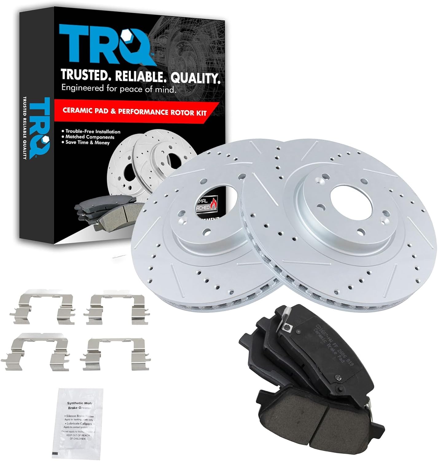 TRQ Performance Front Brake Pad and Rotor Set Ceramic Coated Drilled Slotted Vented Rotors Compatible with 2013-2018 Hyundai Santa Fe Sport 2014-2015 Kia Sorento