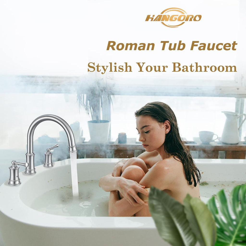 Brushed Nickel Roman Tub Faucet, Antique Bathtub Faucet Set 3 Hole, High Flow Bath Tub Faucet 12-16 inch Widespread, Solid Brass Tub Filler 2 Handle 360° Swivel Spout Rough-in Valve(B2307-BN)