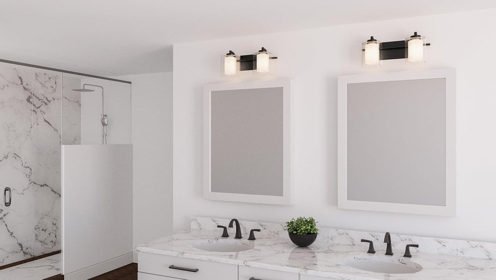 Quoizel Kolt Modern Vanity Lights, 2-Light, 18 Inch Matte Black Bathroom Lighting Fixtures Over Mirror, Sandblasted Inner Glass, 100 W A19 Bulb, Wall Mount Light for Bathrooms, Kitchen or Hallway
