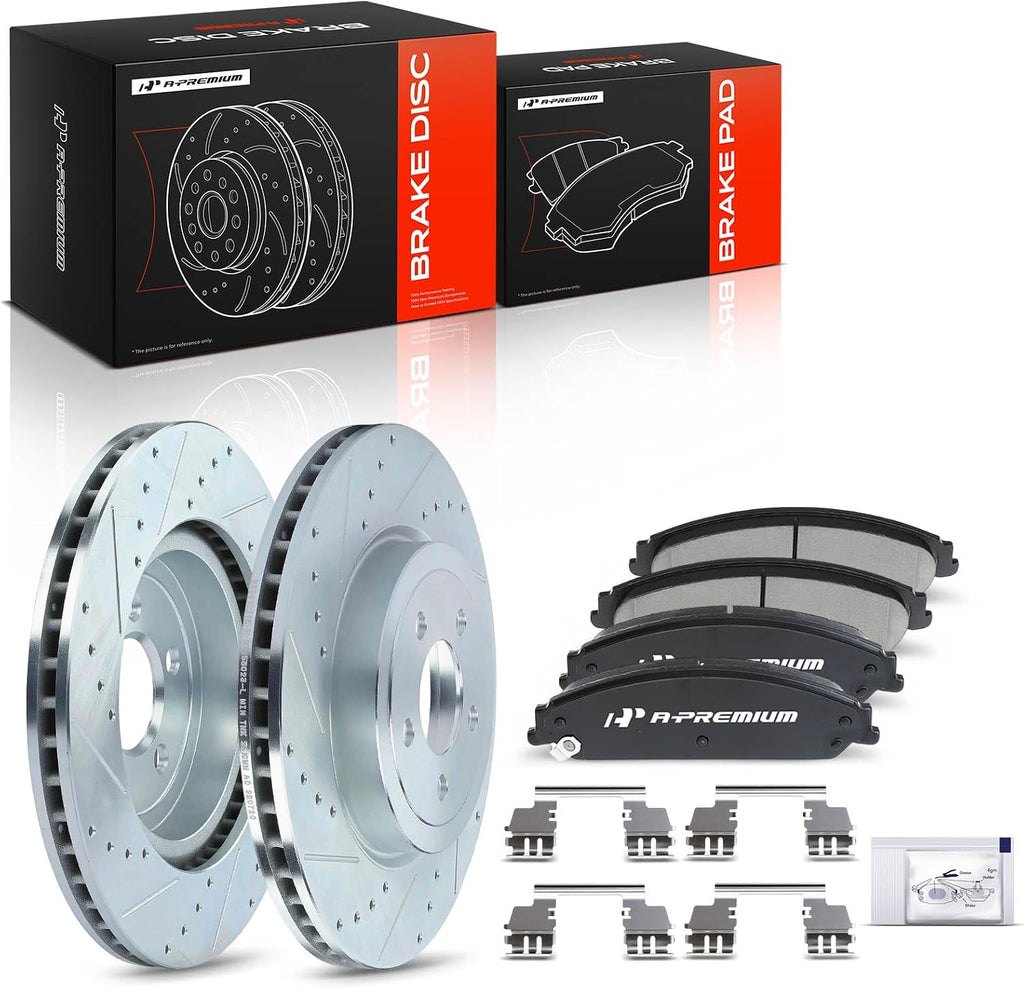 A-Premium 13.58 in (345 mm) Front Drilled and Slotted Disc Brake Rotors + Ceramic Pads Kit Compatible with Select Chrysler and Dodge Models - 300, Challenger, Charger, Magnum, 6-PC Set