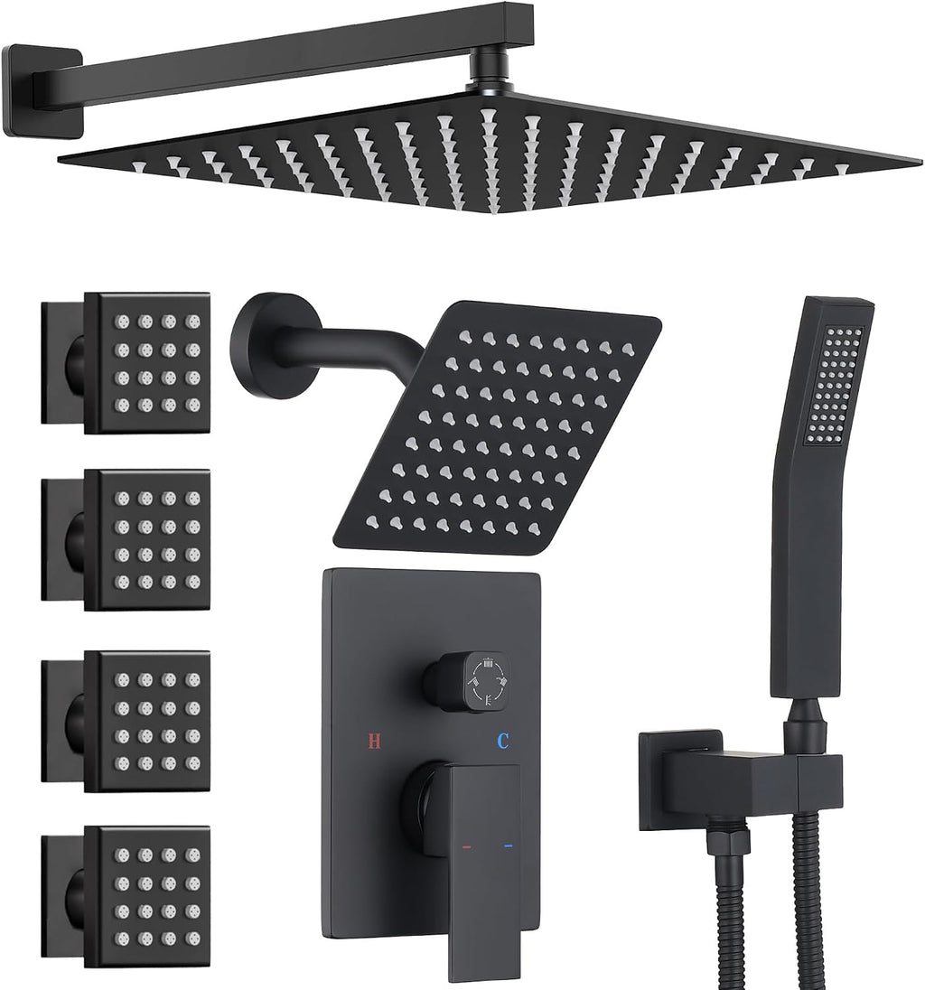 Dual Rainfall Shower Head System with 4 Body Jets, JetsBath Shower Faucet Set Double Shower Head 6-Inch Shower Head & 12' Rain Shower, Luxury Matte Black Shower Faucet Set,Wall-Mounted Shower System