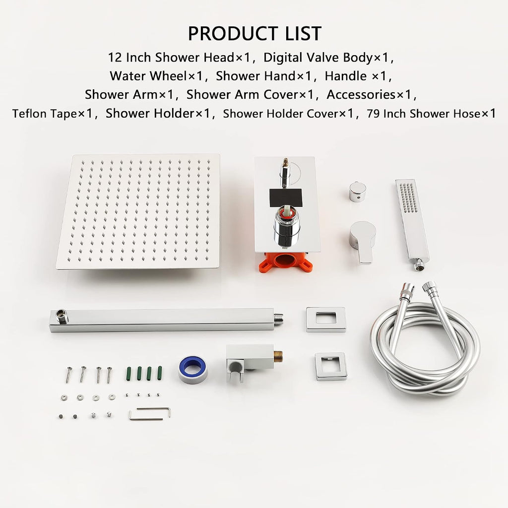 SKWOLL Shower Faucet Set Polished Chrome, Wall Mount 12 Inch Rainfall Shower Head with Handheld, 2 Function Shower Mixer Valve Kit Digital Display Included