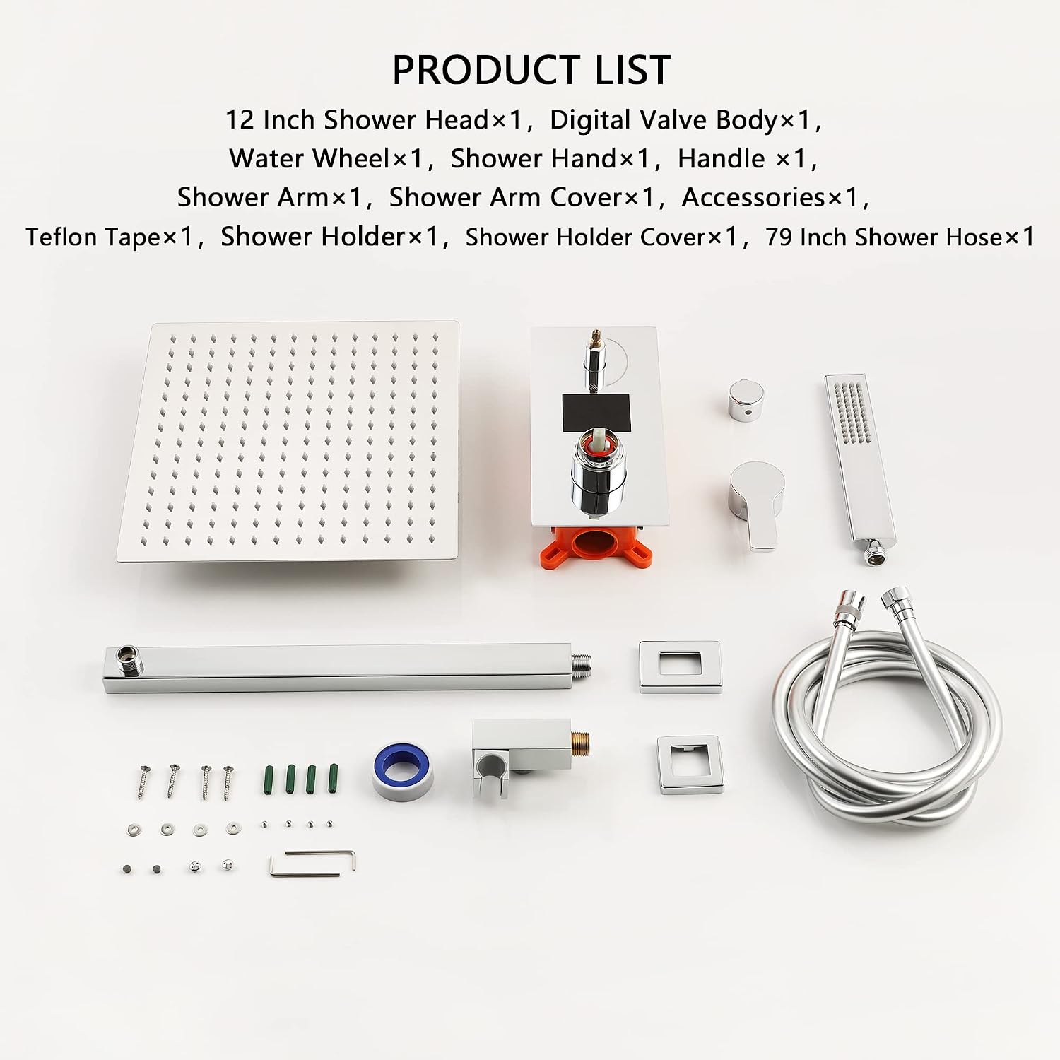 SKWOLL Shower Faucet Set Polished Chrome, Wall Mount 12 Inch Rainfall Shower Head with Handheld, 2 Function Shower Mixer Valve Kit Digital Display Included