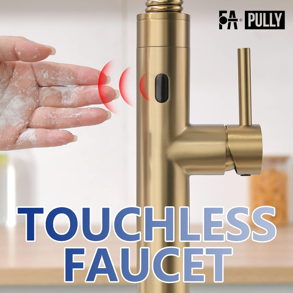 Fapully Touchless Kitchen Faucet with Pull Down Sprayer, Brushed Gold Motion Sensor Smart Commercial Single Handle Single Hole Faucet for Kitchen Sink