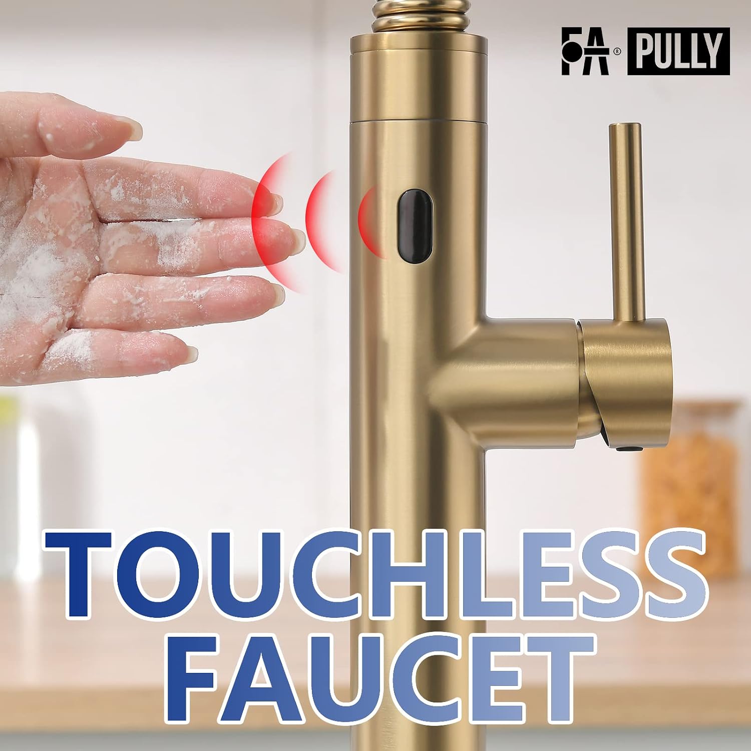 Fapully Touchless Kitchen Faucet with Pull Down Sprayer, Brushed Gold Motion Sensor Smart Commercial Single Handle Single Hole Faucet for Kitchen Sink