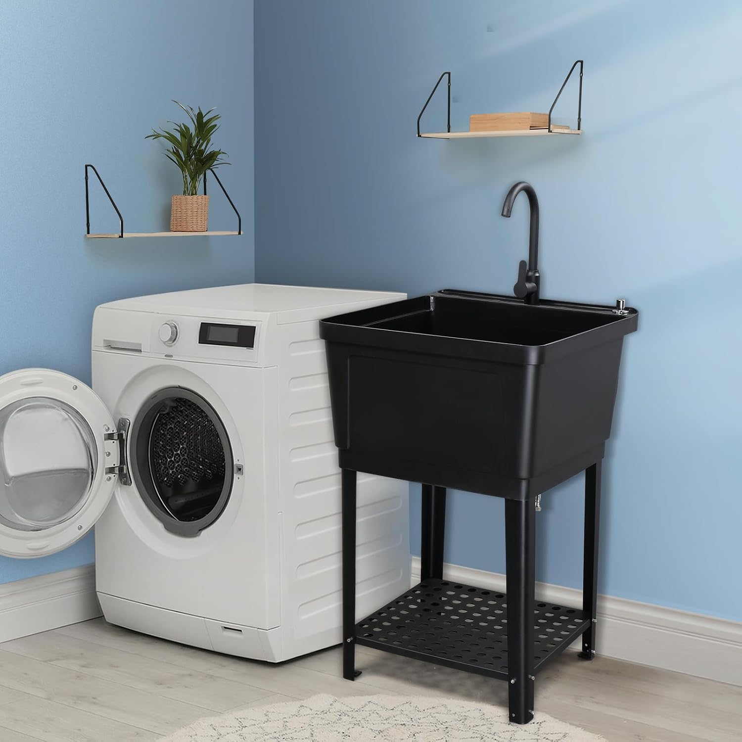 VINGLI 21-Gallon Utility Sink Laundry Tub for Washing Room, 23.6'×23.6'×36.2' Freestanding Utility Sink with Stainless Steel Faucet, Black